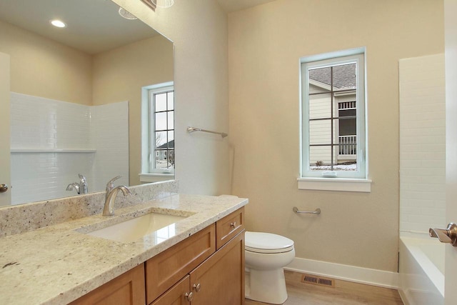 bathroom with vanity, wood-type flooring, and toilet