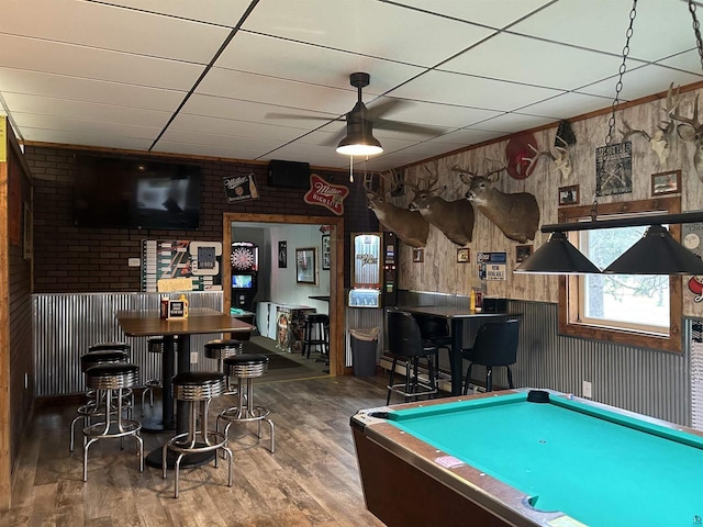 59460 Main St, Mason, WI 54856 - recreation room featuring hardwood / wood-style flooring, a paneled ceiling, bar, and billiards