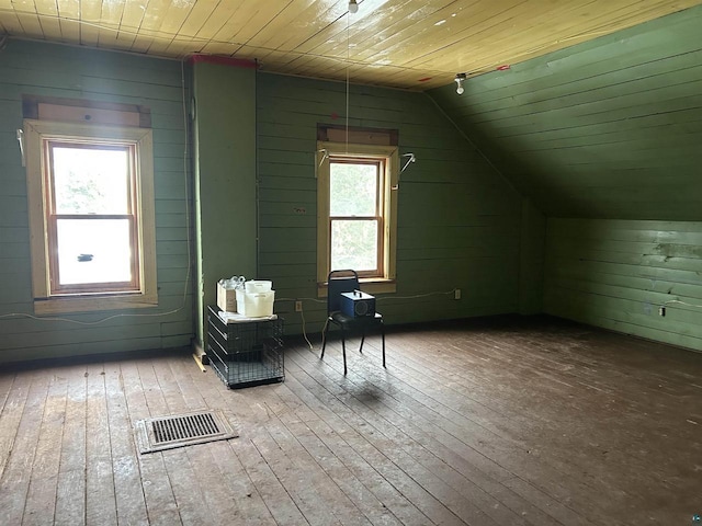 59460 Main St, Mason, WI 54856 - additional living space with vaulted ceiling, wooden walls, hardwood / wood-style floors, and wood ceiling