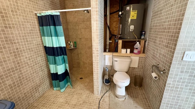 bathroom featuring toilet, electric water heater, tile walls, and a shower with shower curtain