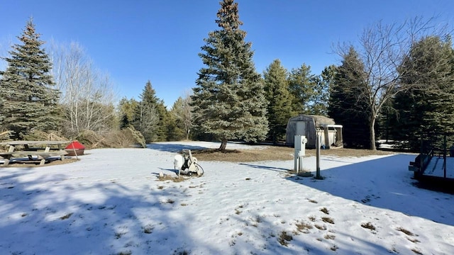 yard layered in snow with a storage shed