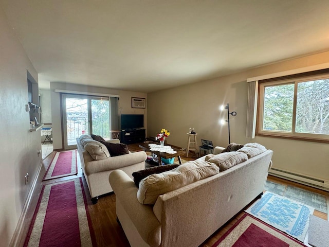 living room featuring dark wood-type flooring and baseboard heating