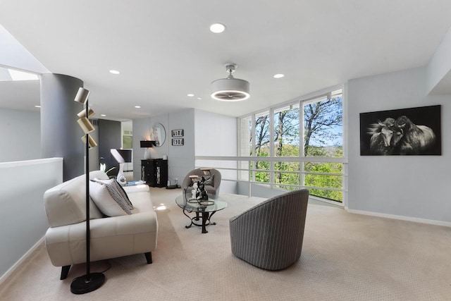 living room with light colored carpet