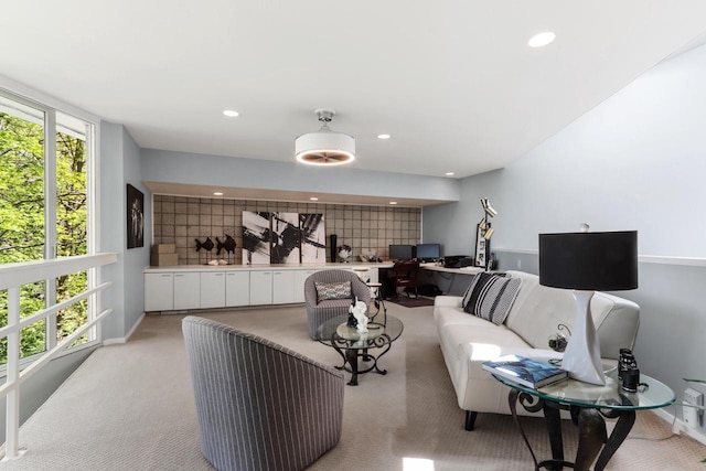 living room featuring light colored carpet