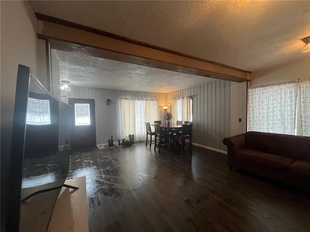 living room featuring dark hardwood / wood-style flooring and a textured ceiling