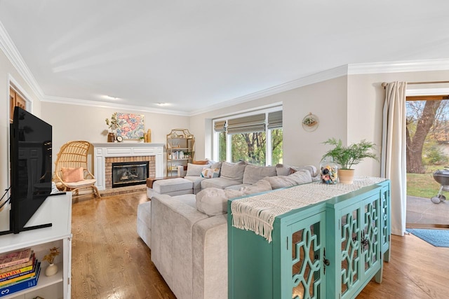 living room with crown molding, a fireplace, a healthy amount of sunlight, and light wood-type flooring