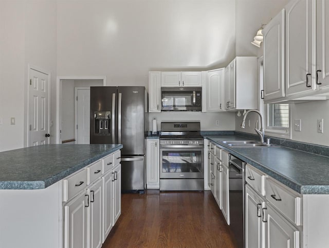 kitchen featuring white cabinetry, sink, dark hardwood / wood-style flooring, and appliances with stainless steel finishes