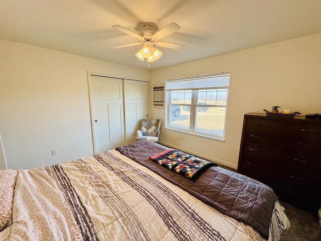 bedroom featuring ceiling fan and a closet