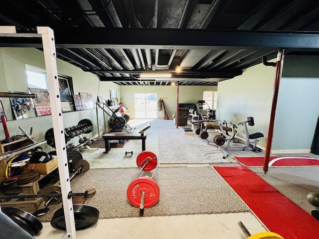 exercise area with carpet flooring