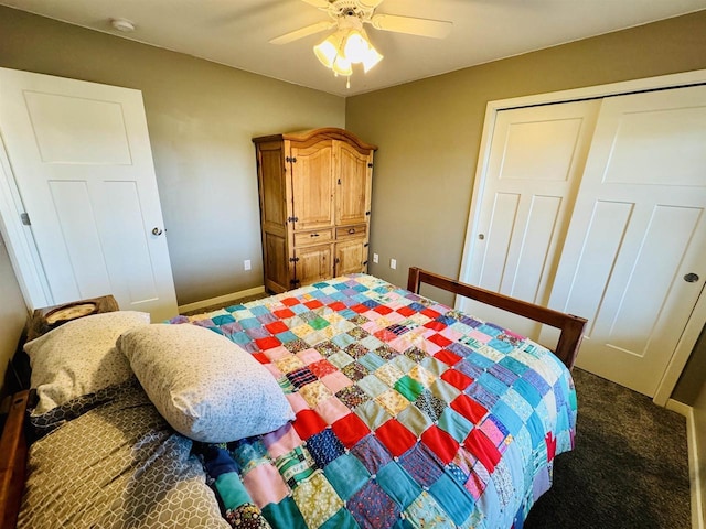 carpeted bedroom featuring a closet and ceiling fan