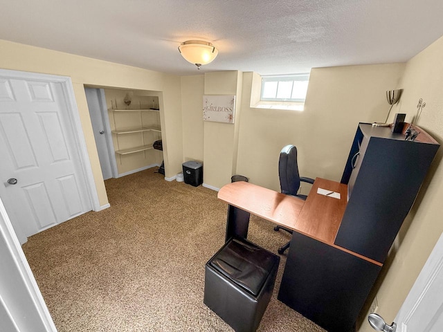 office with carpet floors and a textured ceiling