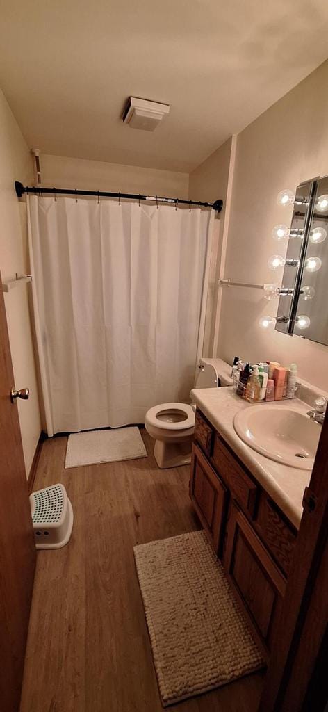 bathroom with vanity, wood-type flooring, and toilet