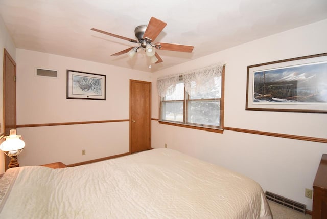 bedroom with carpet floors, ceiling fan, and a closet