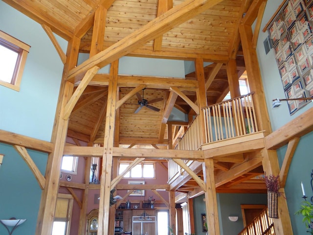 details with wooden ceiling, ceiling fan, and beam ceiling