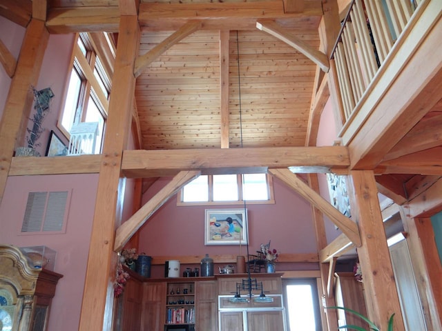 room details with beamed ceiling, wooden ceiling, and visible vents