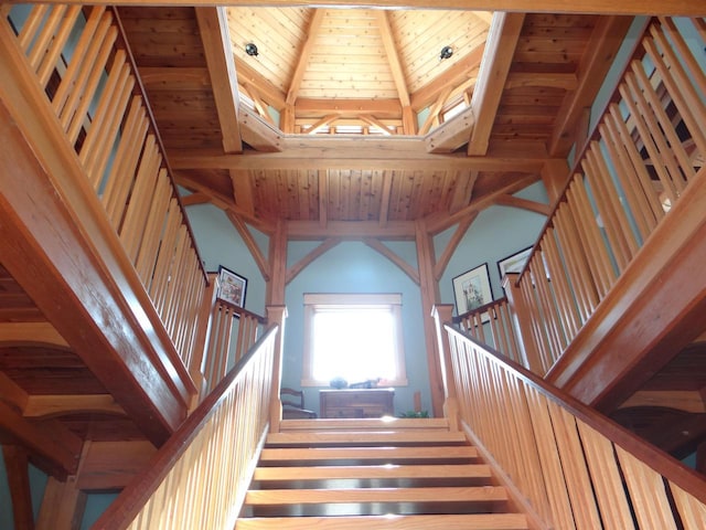 stairs featuring high vaulted ceiling, beam ceiling, and wood ceiling