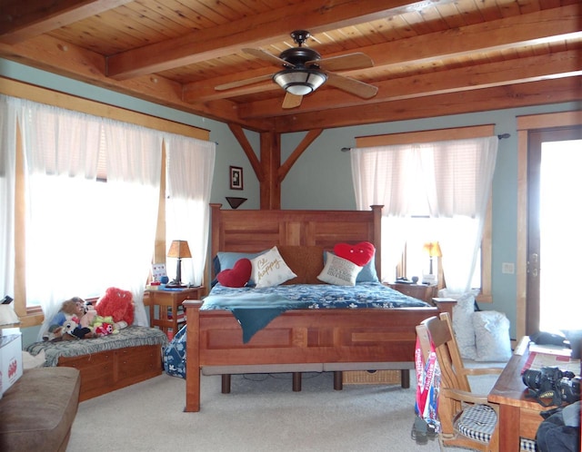 bedroom featuring wood ceiling, multiple windows, and beam ceiling