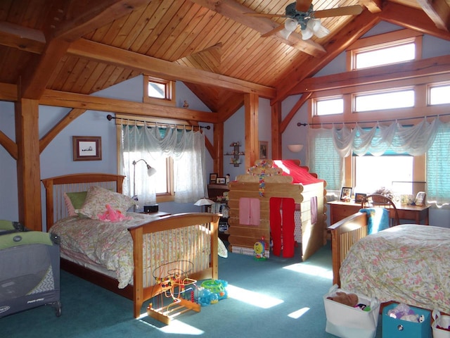 bedroom with carpet floors, wood ceiling, and lofted ceiling with beams