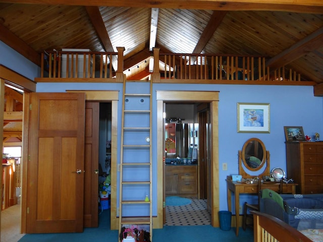 unfurnished bedroom featuring carpet, wooden ceiling, and vaulted ceiling with beams