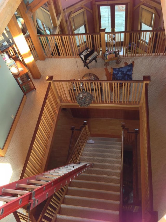 staircase featuring carpet floors