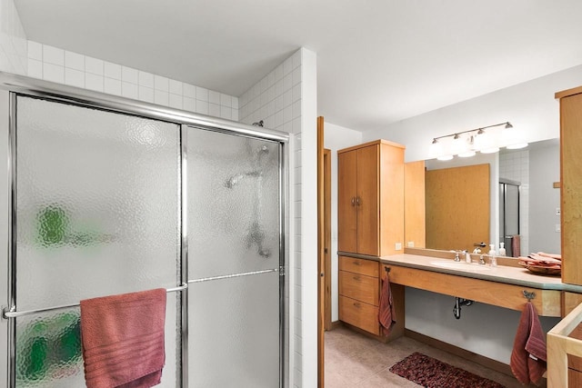 E4725 Riverside Dr, Spring Green, WI 53588 - bathroom featuring tile patterned flooring, a stall shower, and vanity