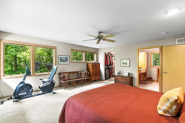 E4725 Riverside Dr, Spring Green, WI 53588 - carpeted bedroom with a walk in closet, a closet, ensuite bathroom, baseboards, and ceiling fan