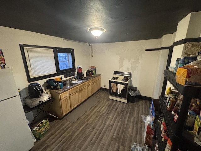 kitchen featuring dark wood-type flooring, white appliances, and sink