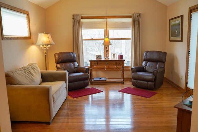 living room featuring vaulted ceiling and light hardwood / wood-style floors