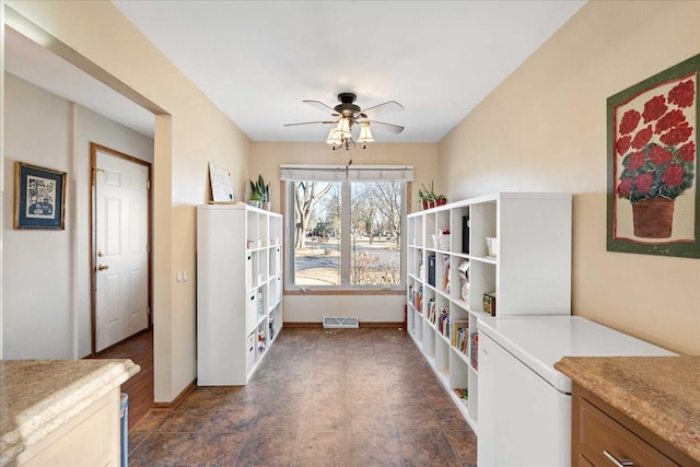 interior space with a ceiling fan, visible vents, and baseboards