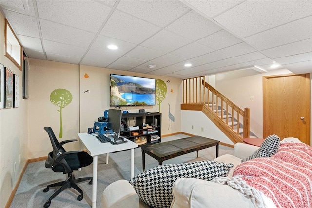 interior space with carpet flooring, recessed lighting, a paneled ceiling, and baseboards