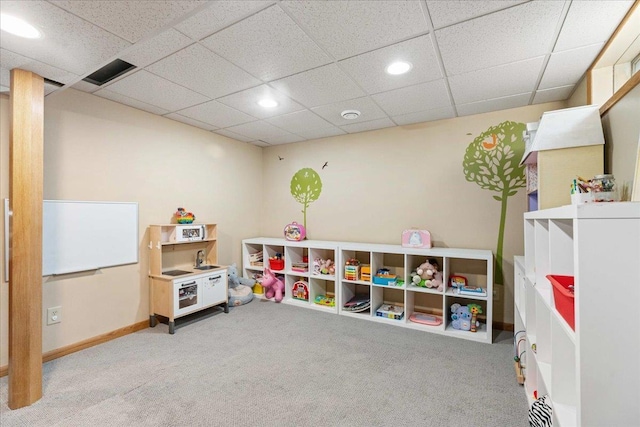 playroom featuring baseboards, visible vents, recessed lighting, a paneled ceiling, and carpet flooring