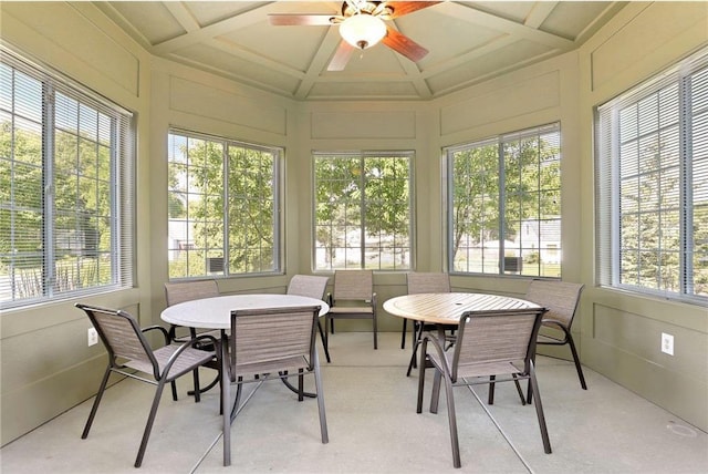 sunroom featuring beamed ceiling, ceiling fan, and coffered ceiling