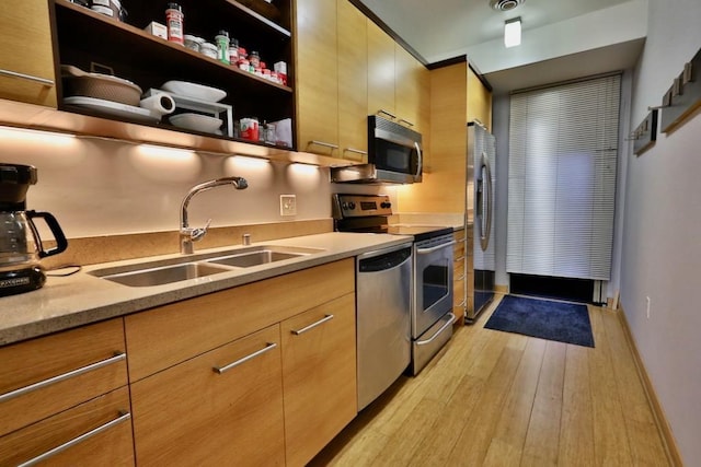 kitchen with sink, light hardwood / wood-style flooring, and stainless steel appliances