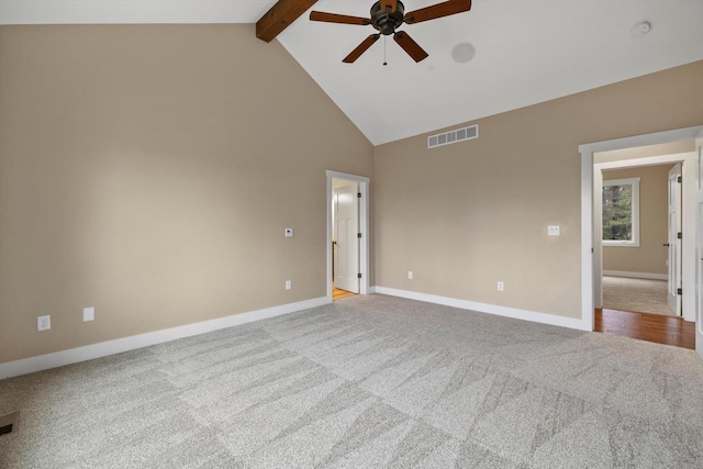 unfurnished room featuring high vaulted ceiling, beam ceiling, light colored carpet, and ceiling fan