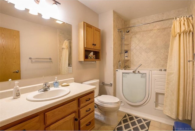 full bathroom with tile patterned flooring, vanity, shower / bath combo with shower curtain, and toilet