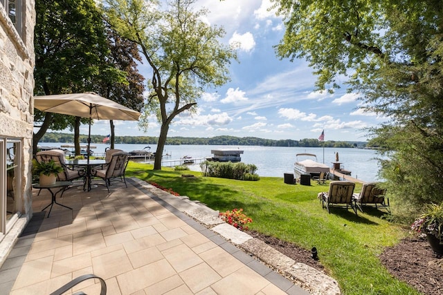 view of patio with a boat dock and a water view