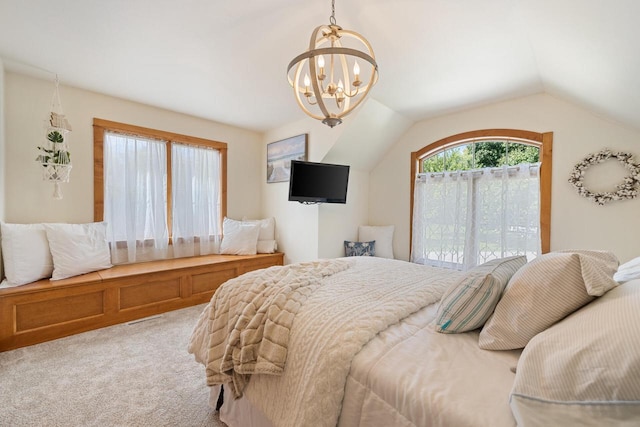 bedroom featuring vaulted ceiling, carpet, access to outside, and a chandelier