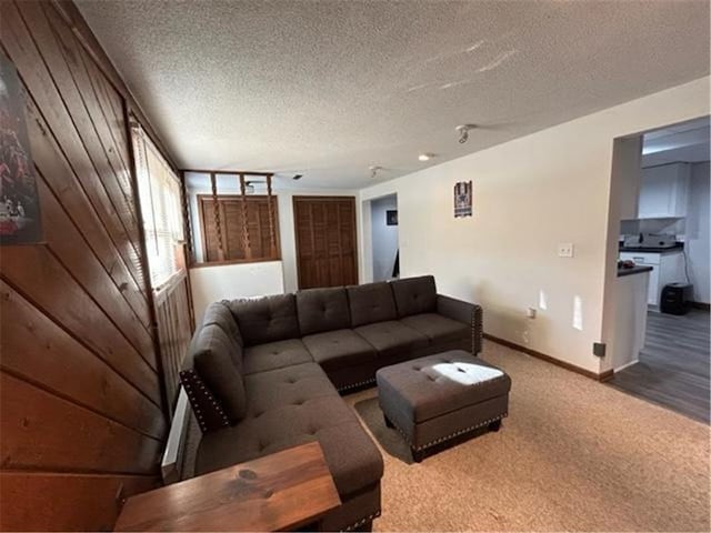 carpeted living area featuring a textured ceiling and baseboards