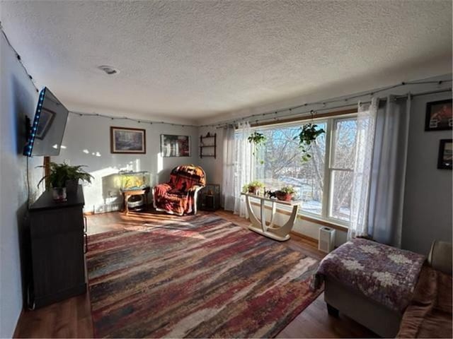 sitting room with a textured ceiling and wood finished floors