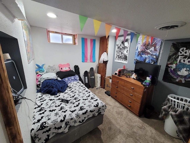 carpeted bedroom with radiator heating unit