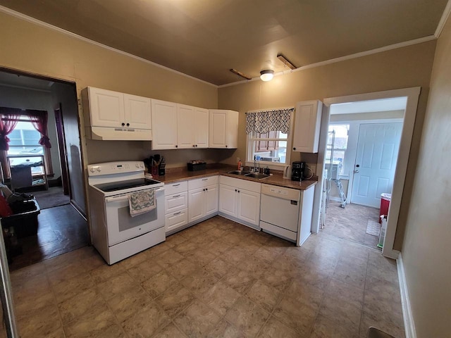 kitchen with white cabinetry, white appliances, ornamental molding, and plenty of natural light