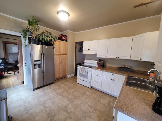 kitchen featuring stainless steel refrigerator with ice dispenser, sink, ornamental molding, electric stove, and white cabinets