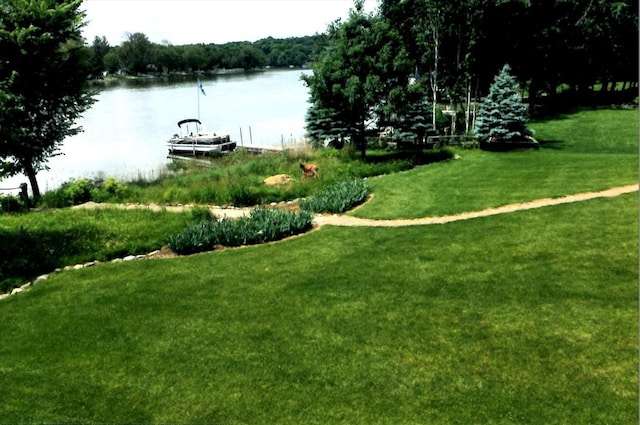 view of yard with a water view and a boat dock