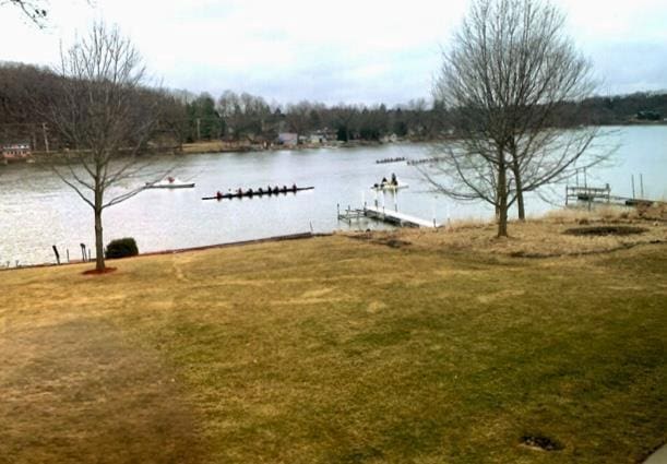 view of water feature with a dock