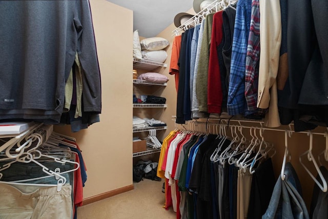 walk in closet with carpet