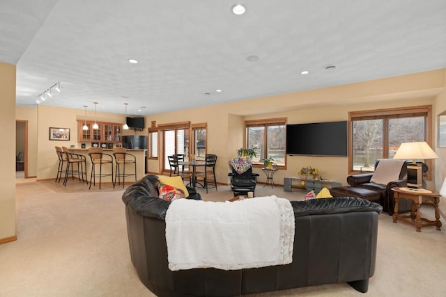 living room with rail lighting and light carpet