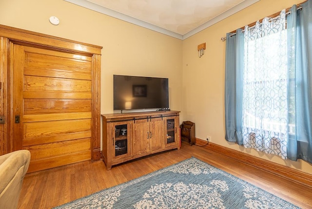 living room with ornamental molding, a wealth of natural light, and light wood-type flooring