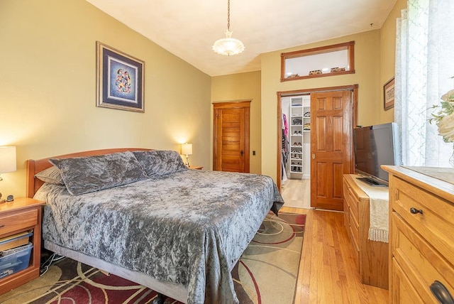 bedroom featuring lofted ceiling, light hardwood / wood-style floors, and a closet