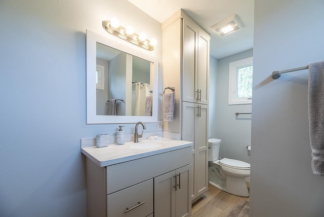 bathroom featuring hardwood / wood-style flooring, vanity, and toilet