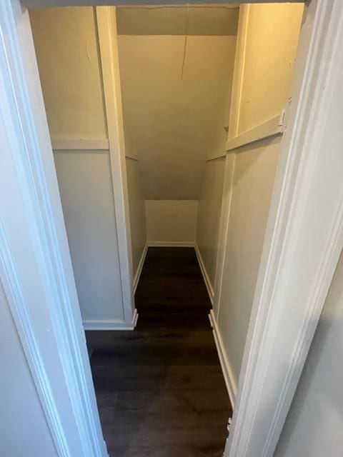 walk in closet with dark hardwood / wood-style flooring